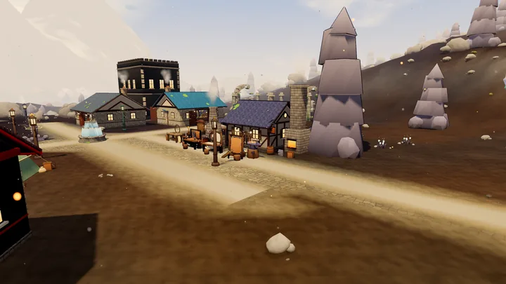 Ashfall Camp under tall stone spires: lamplit houses, an anvil and a forge along a dusty road on a dark mountainside.
