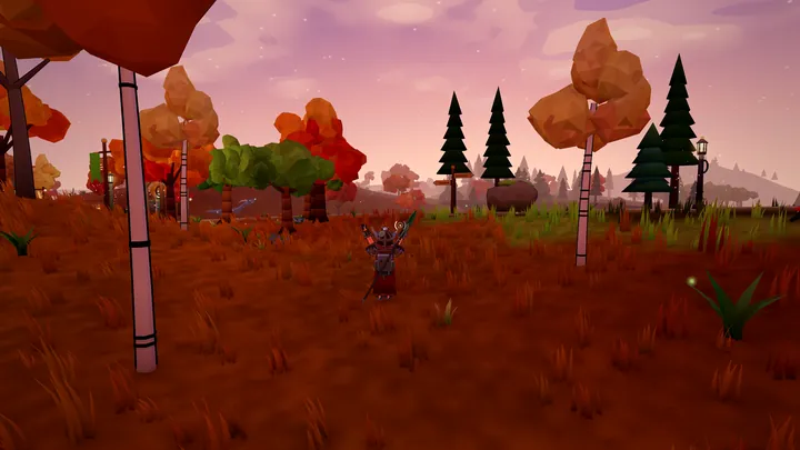A player cheering with a spear raised in a field of red grass under a pink dusk sky, between birches and autumn trees.