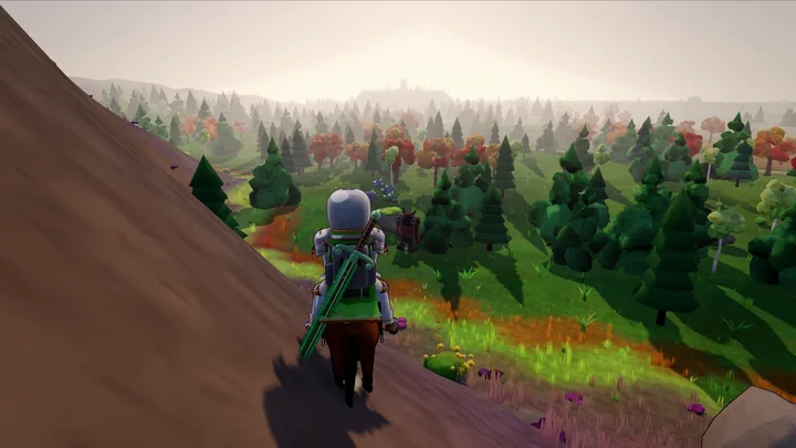 A rider cresting a hill above a valley of pines and red and orange autumn trees, the far ridge lost in a bright haze.