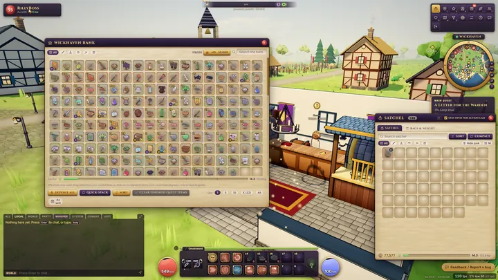 The Wickhaven bank window packed with ores, logs, fish, potions and gear, beside the satchel, at the banker's counter.
