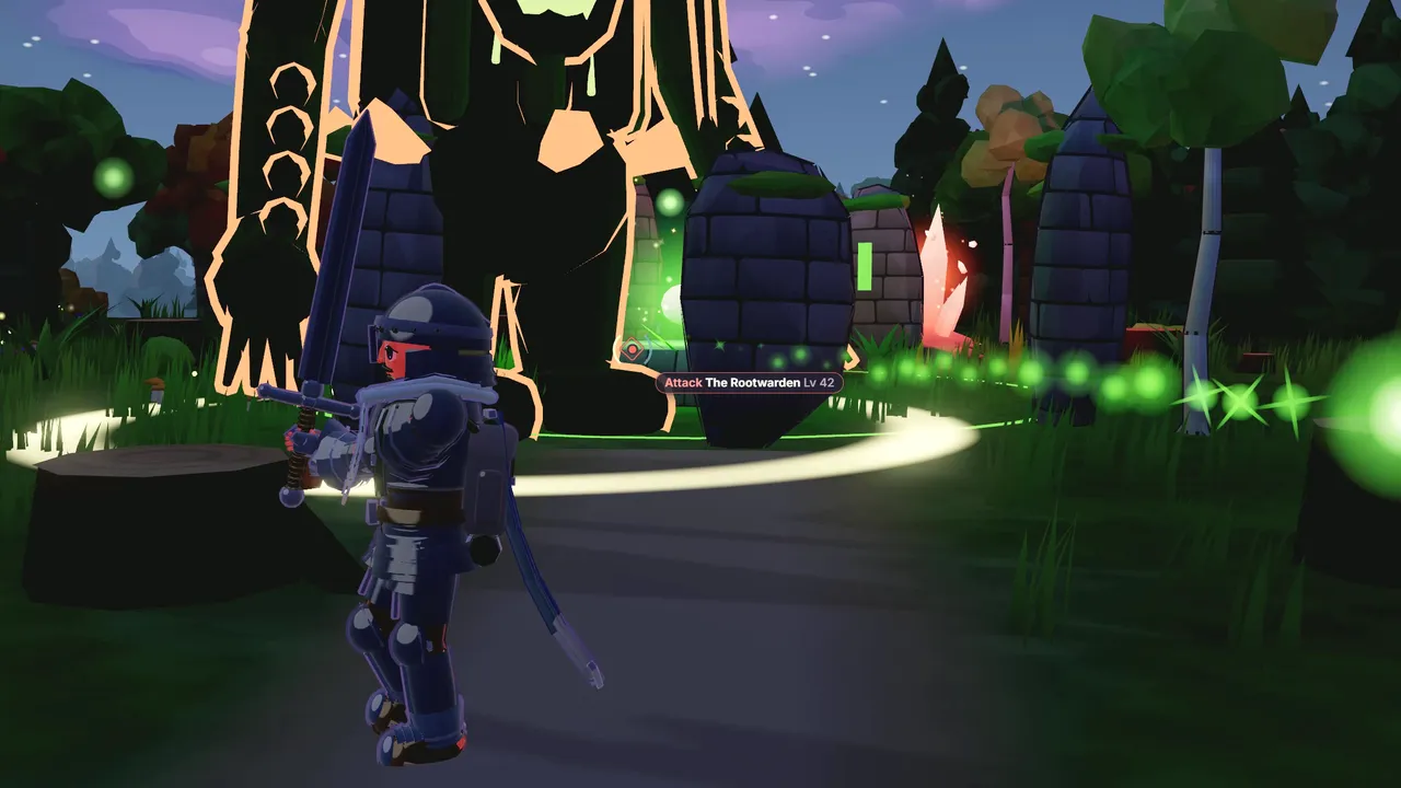 The Rootwarden, a towering outlined tree giant, looming over a player in a forest clearing at night.