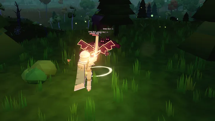 A player mid-swing in a glowing sword attack against a pair of bats in a dark forest clearing.