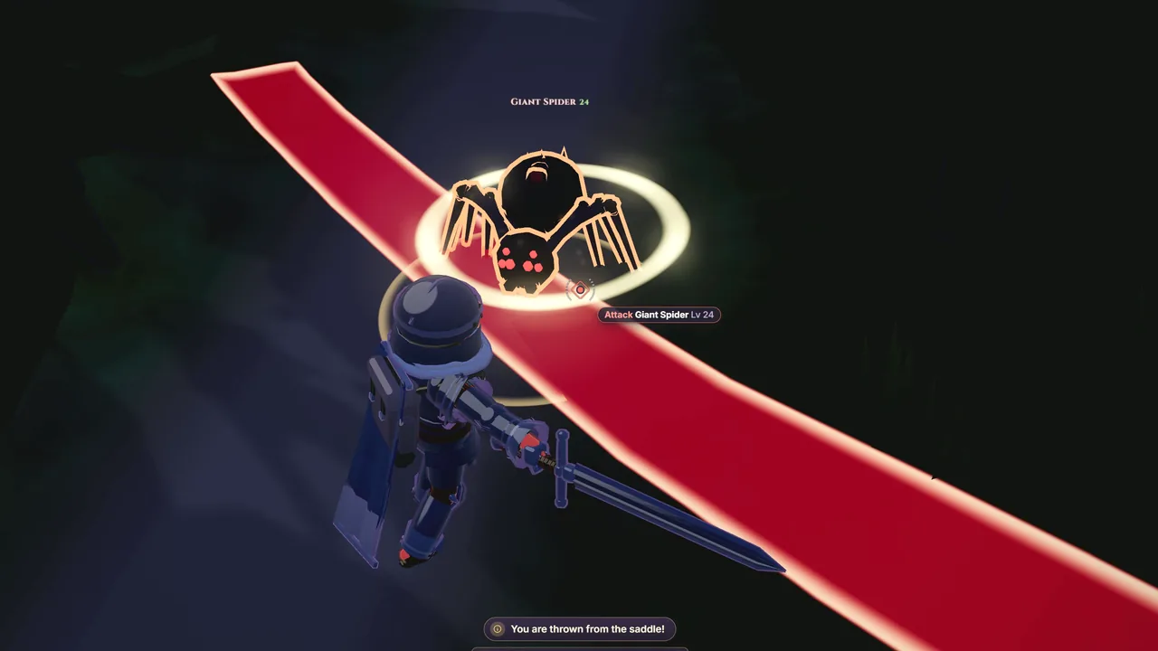A knight in dark plate with a greatsword and a tall shield facing a Giant Spider, its charge marked by a glowing red lane across the path.