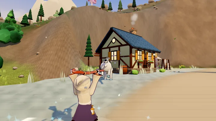 A mage with a staff facing a white frost wolf in front of a blue-roofed cottage at the foot of a mountain.