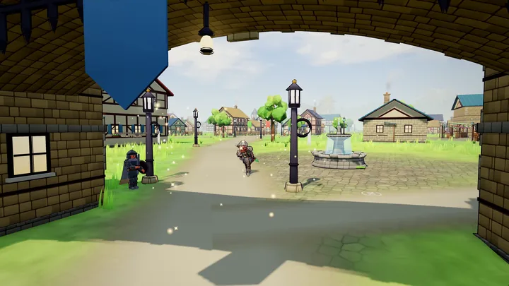 Looking through the stone gate arch of Hearthmoor, under a blue Lamp banner, to a player running past a fountain in the town square.