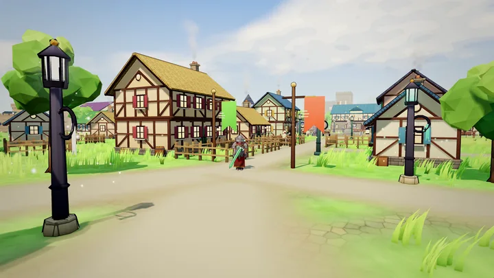 A Hearthmoor street lined with half-timbered houses, iron lamp posts and green and red banners, a player walking down the road.