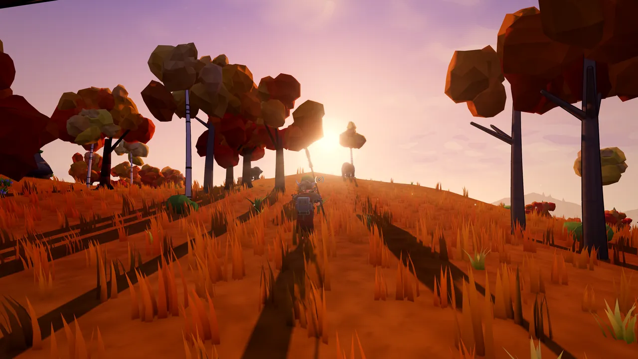A player in a horned helm climbing a hill of red grass toward the setting sun, between autumn trees.