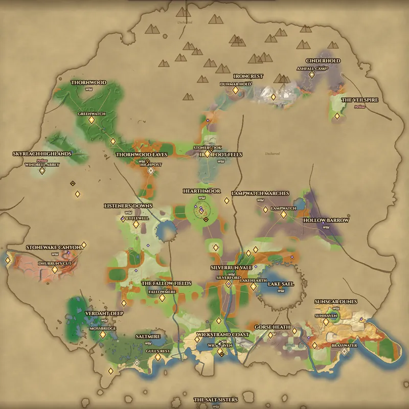 The in-game parchment map of Aethermere: an island of coloured regions from Thornwood and Ironcrest in the north to the Wickstrand Coast and the Salt Sisters in the south, with towns and lamp-stones marked.