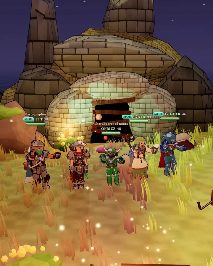 A party of five players dancing together with their arms raised outside a lamplit stone hut at night, their names floating above them.