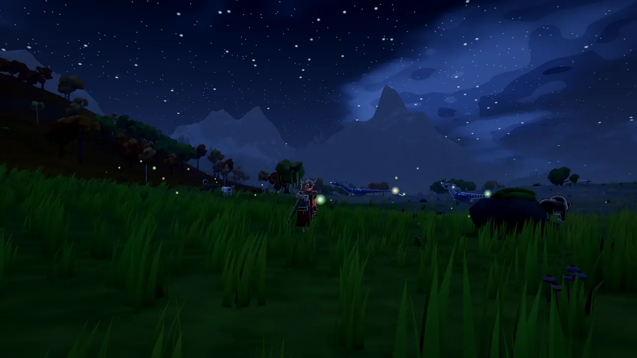 A player in a horned helm standing in tall grass under a starry sky, fireflies drifting toward blue mountain peaks and pale creatures on the plain.