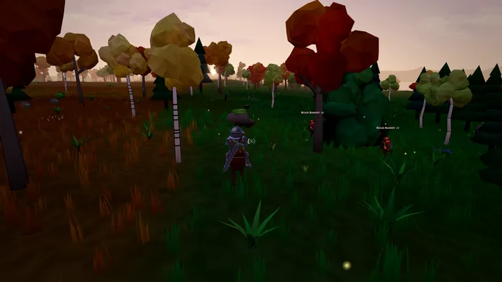A knight walking through a darkening autumn wood toward two Road Bandits waiting by the trees.