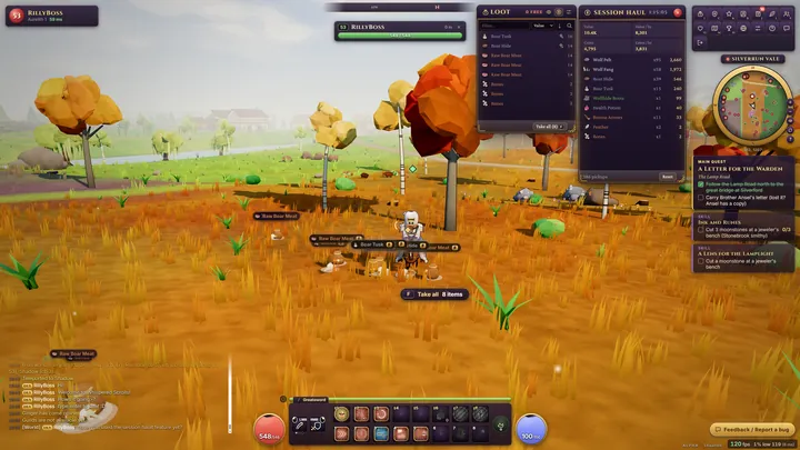 Boar drops on the ground in an autumn field, with the Loot window and the Session Haul tracker counting pelts, fangs and coins per hour.
