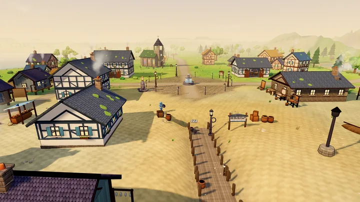 Wickhaven from above: slate-roofed houses, a wooden pier across the sand, market stalls and a church tower in the haze.