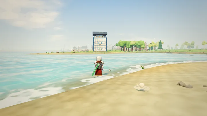 A player wading at the edge of a turquoise sea below a tall half-timbered watchtower, with Wickhaven and green trees along the shore.