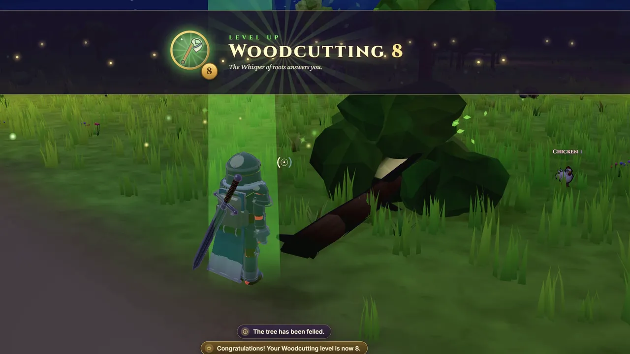 A tree crashing down beside a player standing in a green beam of light under a Woodcutting 8 level-up banner.