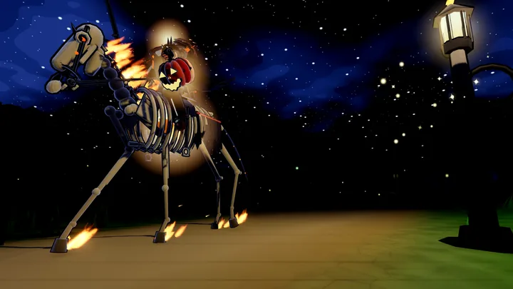 The Headless Horseman on a burning skeletal horse, galloping past a lamp post on a dark road at night.