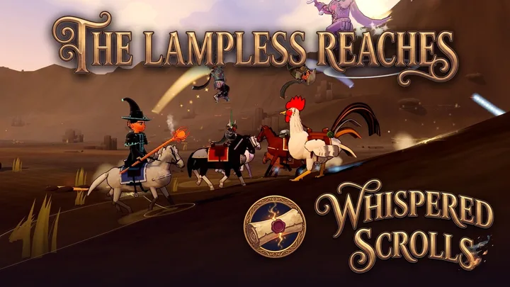 Riders on horses and a giant rooster charging up a slope of dark ash while fighters leap from their saddles overhead, under The Lampless Reaches title and the Whispered Scrolls seal and wordmark.