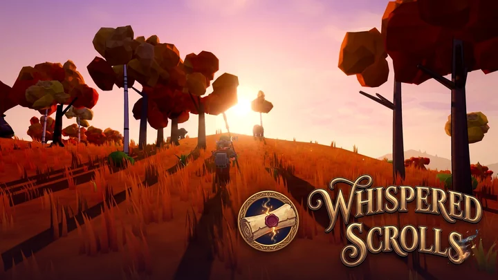 A player in a horned helm climbing a hill of red grass toward the setting sun between autumn trees, with the Whispered Scrolls seal and wordmark.